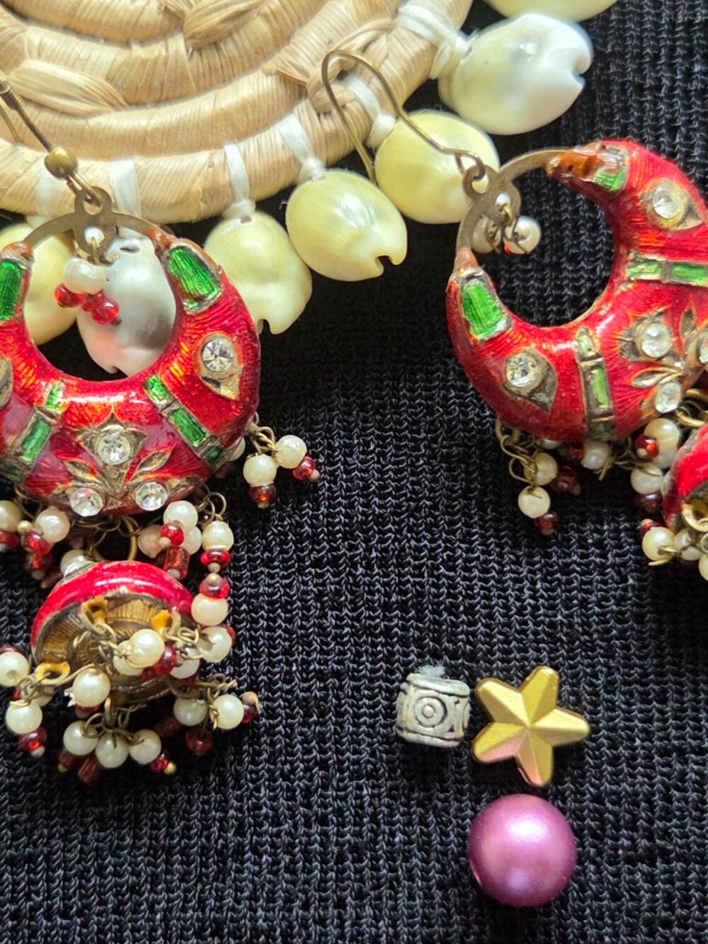 Vintage Handmade Lakh Dangling Earrings India Double Sided Green & Red View 3